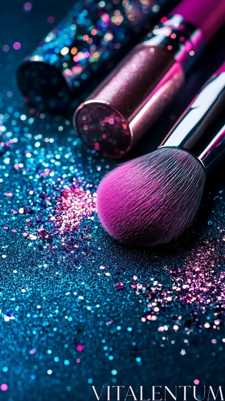 Neon makeup brush rests in shimmering cosmetic glitter haze.
