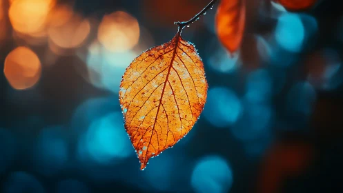 Autumn leaf in macro focus contrasts against cyan bokeh field