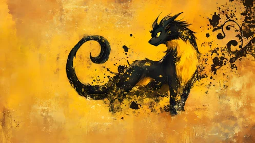 Golden fantasy fox-cat resting in swirling paint splashes.