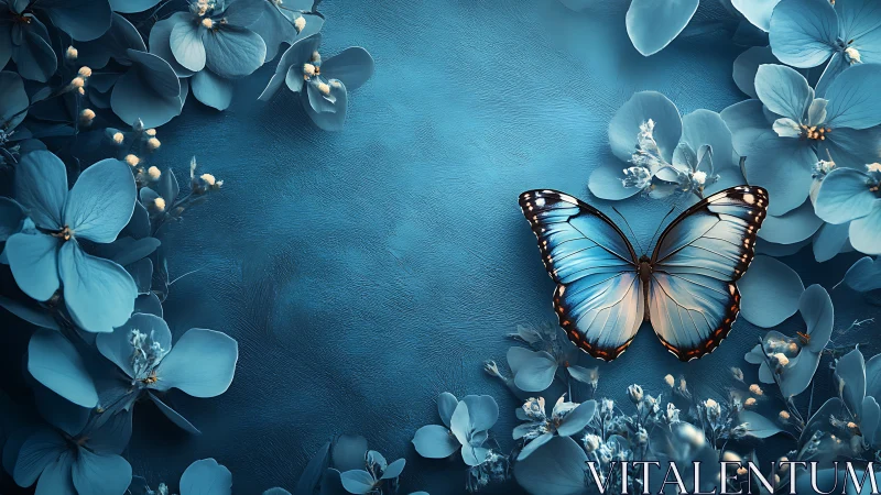 Elegant Blue Butterfly Amidst Flowers, Dreamy Artistic Still Life.