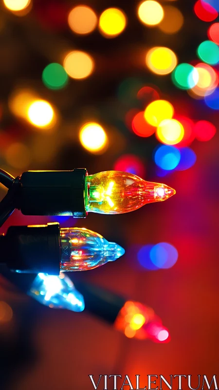 Colorful holiday string lights glow against blurred bokeh field