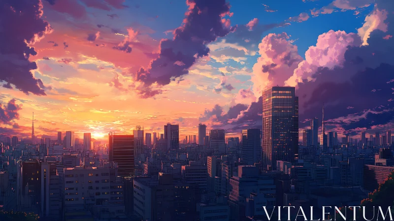 Urban skyline under stratified sunset cloud formations.