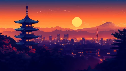 Sunset cityscape with pagoda, tower and distant mountain.