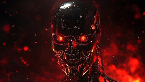 Chrome skull android glows over molten red inferno.