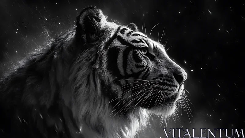 Monochrome tiger portrait gazes into dark starry void