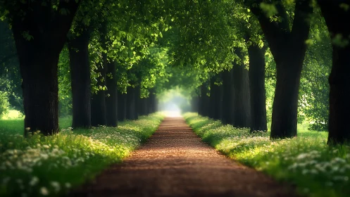 Sunlit tree avenue leads toward a tranquil misty distance.