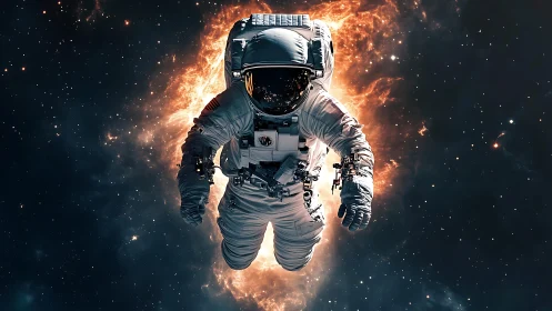 Astronaut drifts before blazing nebula in deep silent space