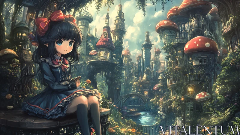 Girl observes dense mushroom tower city from stone bench