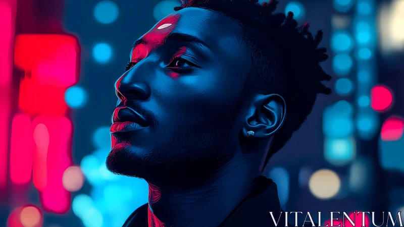 Neon‑lit urban portrait with high contrast chromatic modeling.