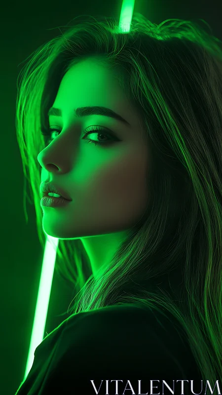 Female portrait in green neon light, side profile focus.