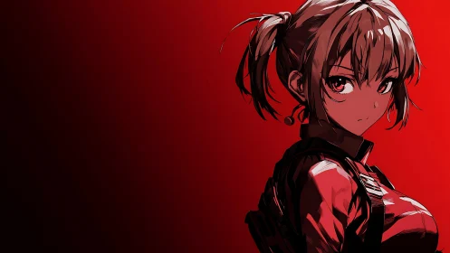 Red backlit anime heroine rendered in high-contrast cel shading