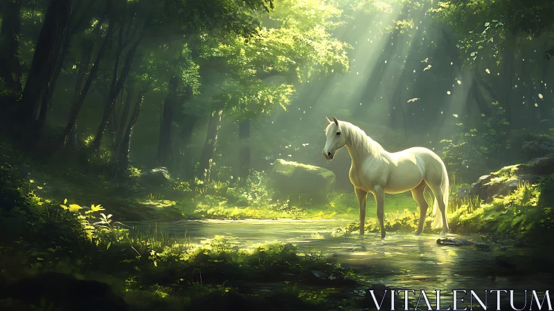 White horse stands in a sunlit forest stream during daylight