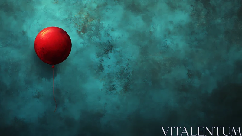 Solitary red balloon adrift on textured teal void wall.