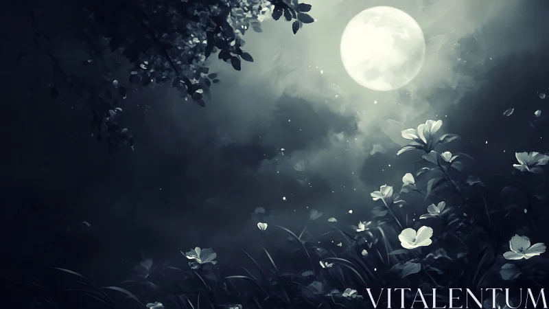 Moonlit nocturne over wildflowers in high-contrast bloom.