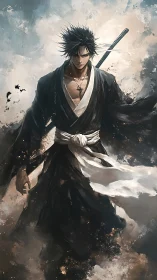 Sword-wielding warrior in storm of ash and light.