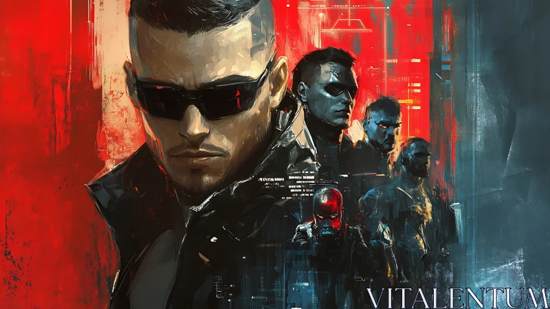 Cybernetic figures in fragmented red and teal environment.