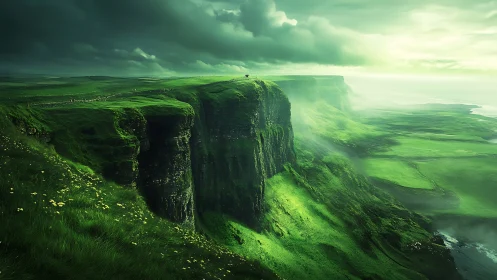 Emerald sea cliffs rise above misty coastline under storm clouds