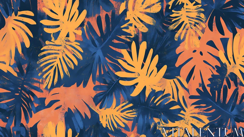 Bold tropical leaf pattern in orange and deep blue tones.