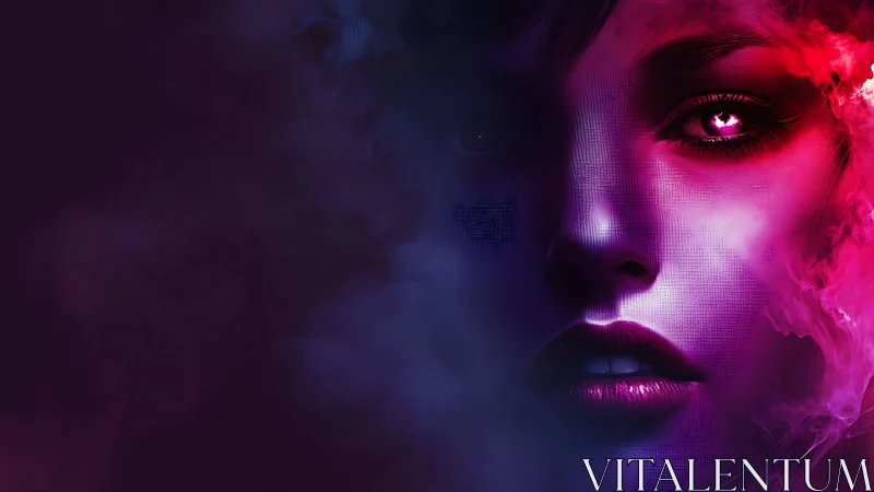 Neon-lit cybernetic portrait merges vapor haze and digital grain