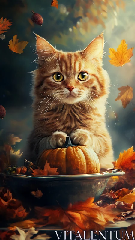 Autumn Cat with Pumpkin: Digital Fantasy Portraiture.