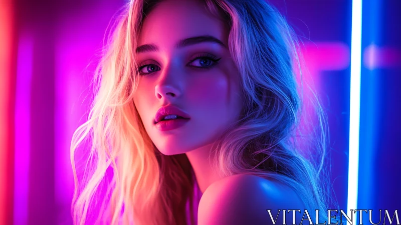 Neon-lit blonde portrait in vibrant magenta and cyan glow.
