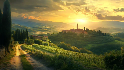 Sunlit hillside village leans into a glowing Tuscan horizon