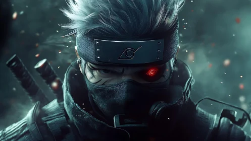 High-contrast shinobi portrait emphasizes cybernetic Sharingan eye