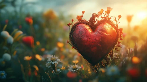 Glowing Heart Among Wildflowers at Golden Hour.