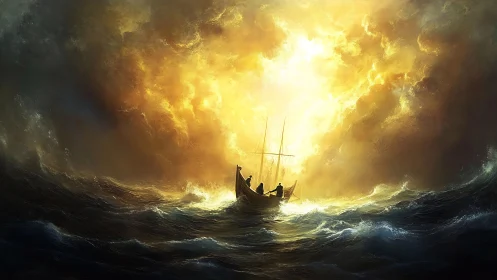 Storm-tossed rowboat silhouettes against luminous turbulent sky core