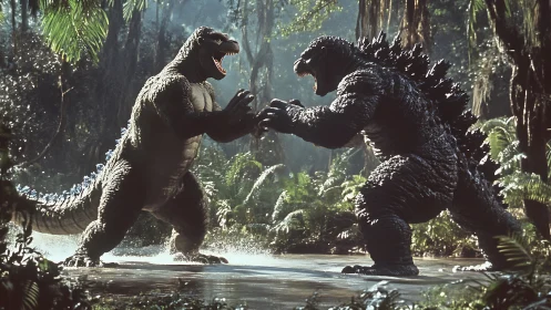 Roaring titan showdown in a sunlit jungle clearing.