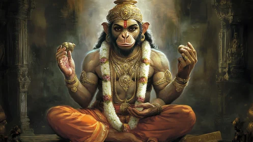 Serene monkey deity meditates in a golden temple glow