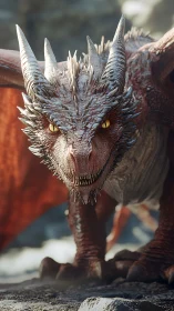 Fierce red dragon leans forward and locks eyes with you