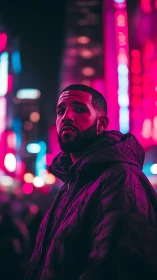 Neon city halos crown a hooded wanderer in quiet focus