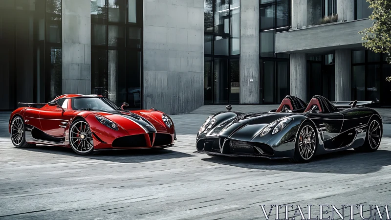 Dual hypercar roadsters in architectural courtyard daylight
