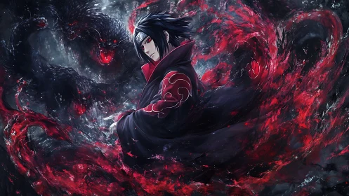 Sharingan warrior amid swirling crimson chakra beasts
