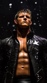 High-contrast portrait of muscular performer in wet leather jacket