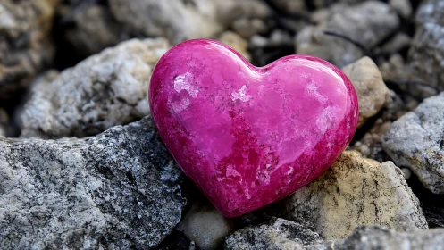 Polished Magenta Heart Stone on Weathered Aggregate Surface.