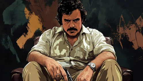 Brooding man with gun sits in moody cinematic portrait