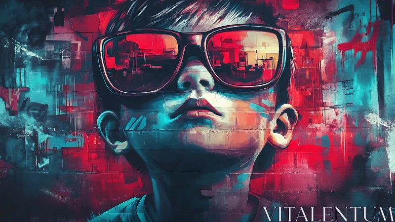 Urban portrait of boy in red sunglasses on neon wall.