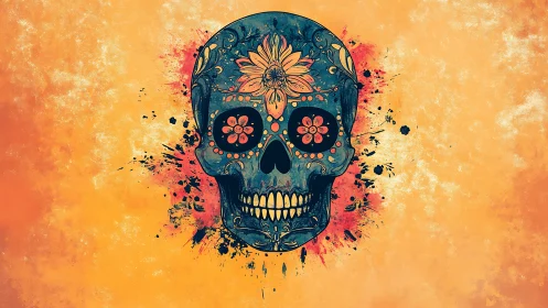 Ornate floral skull illustration on textured orange field.