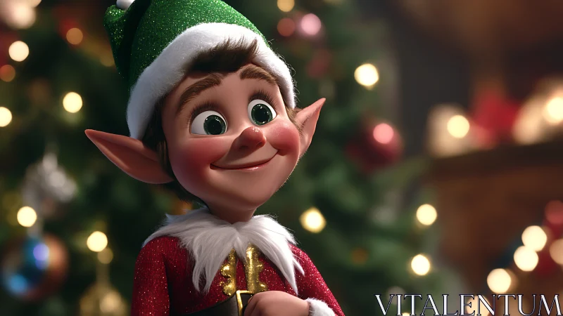 Whimsical Christmas elf portrait in festive bokeh lighting.