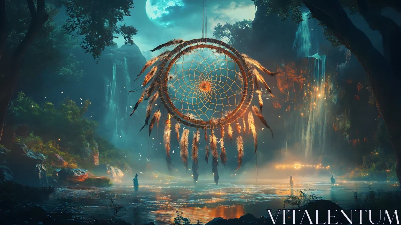 Luminous dreamcatcher suspended in bioluminescent canyon dusk.