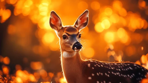Young deer stands in glowing forest bokeh at sunset