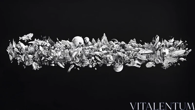 Surreal Floating World in Detailed Black and White Ink Illustration.