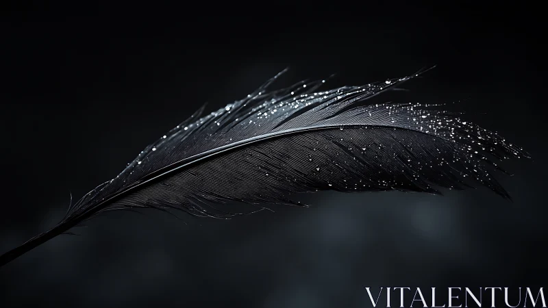 Close-up of dark feather with water droplets in studio