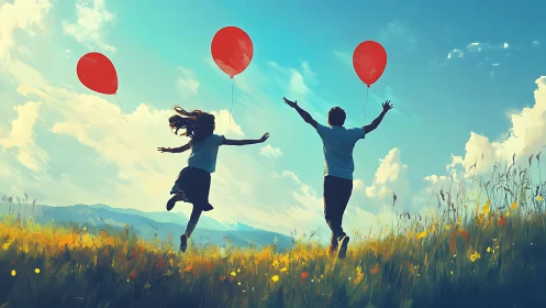 Two figures in field holding red balloons while running