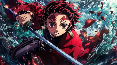 Sword-wielding anime hero drives forward through splashing waves.
