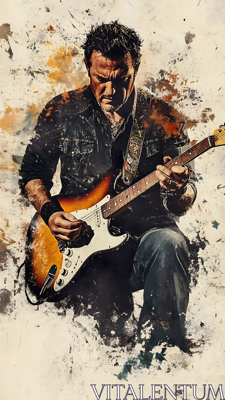 Rock guitarist locks into solo amid explosive paint textures.