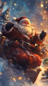 Santa in red sleigh racing through snowy winter night.