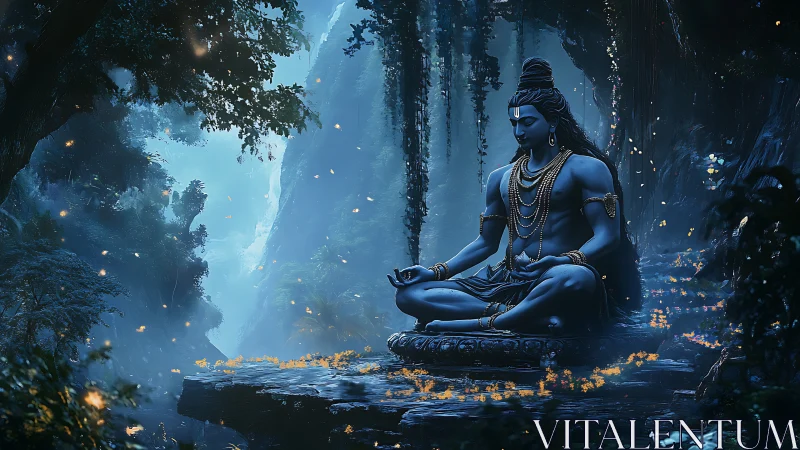 Mystical blue meditator rests calmly in a glowing forest sanctuary